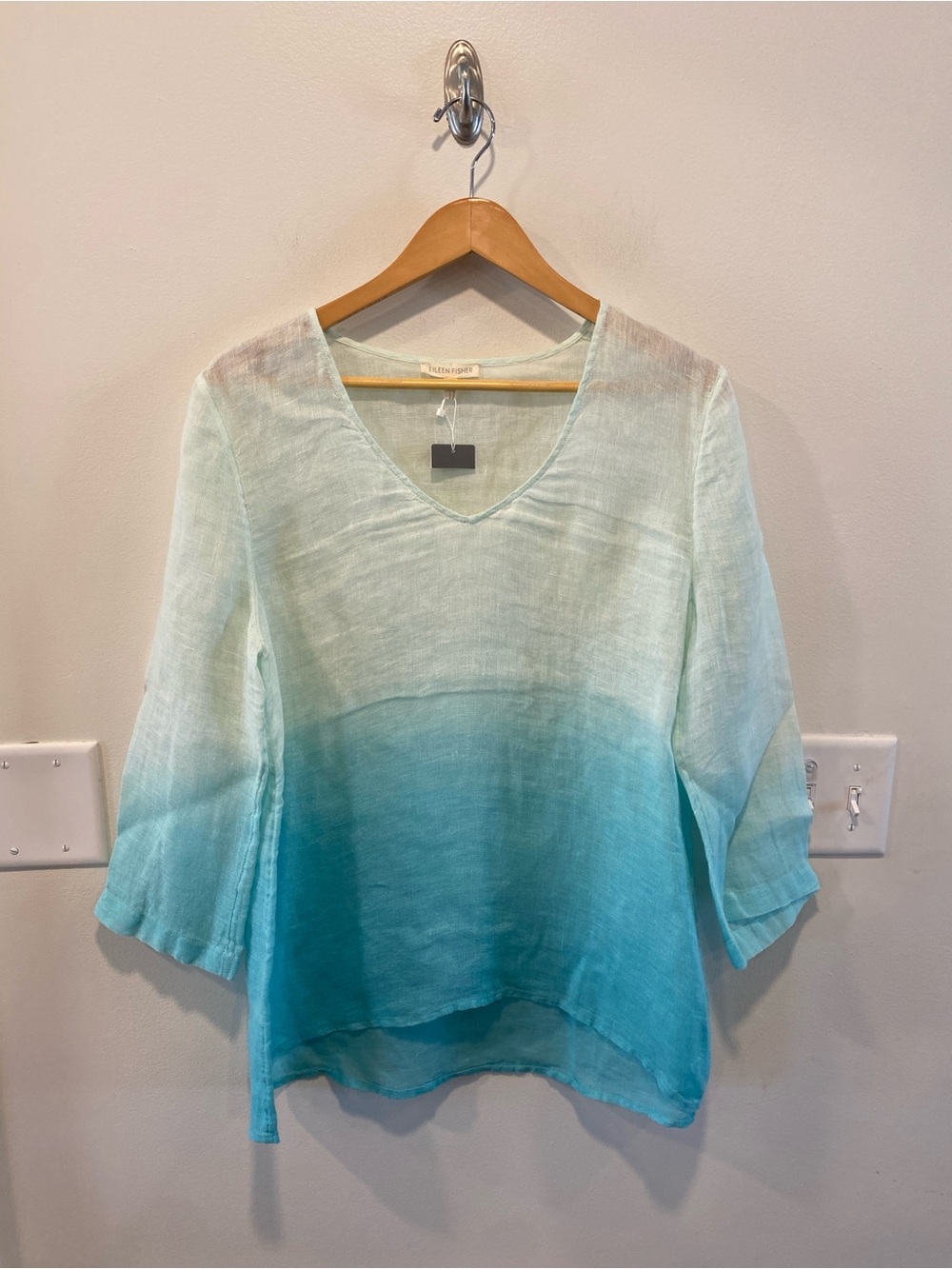Eileen Fisher Ombre V-Neck Linen Tunic Teal women’s size small coastal New